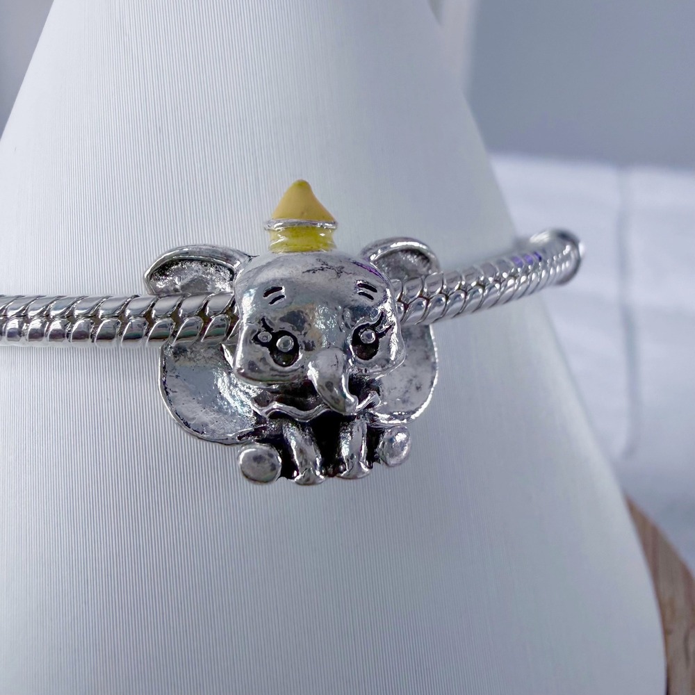 Silver Elephant Bead Charm Fits Snake Chain Bracelet Yellow Hat Animal Jewelry - Picture 8 of 10